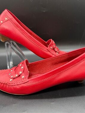 Vince Camuto Red Leather Loafers With Kitten Heel  Size 7 1/2 B Studded Brazil